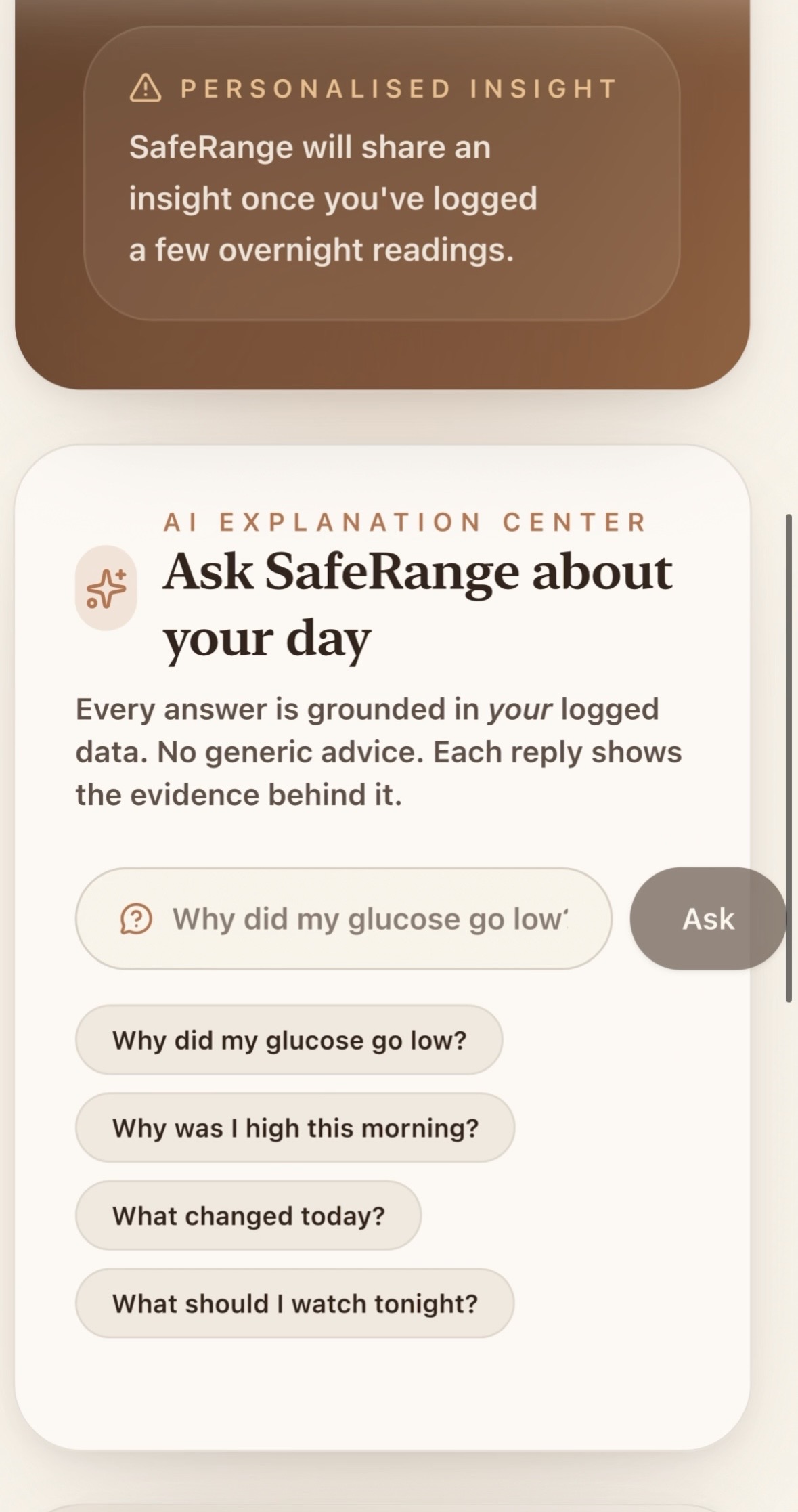 SafeRange AI Explanation Center screen with plain-language answers grounded in the user's own data