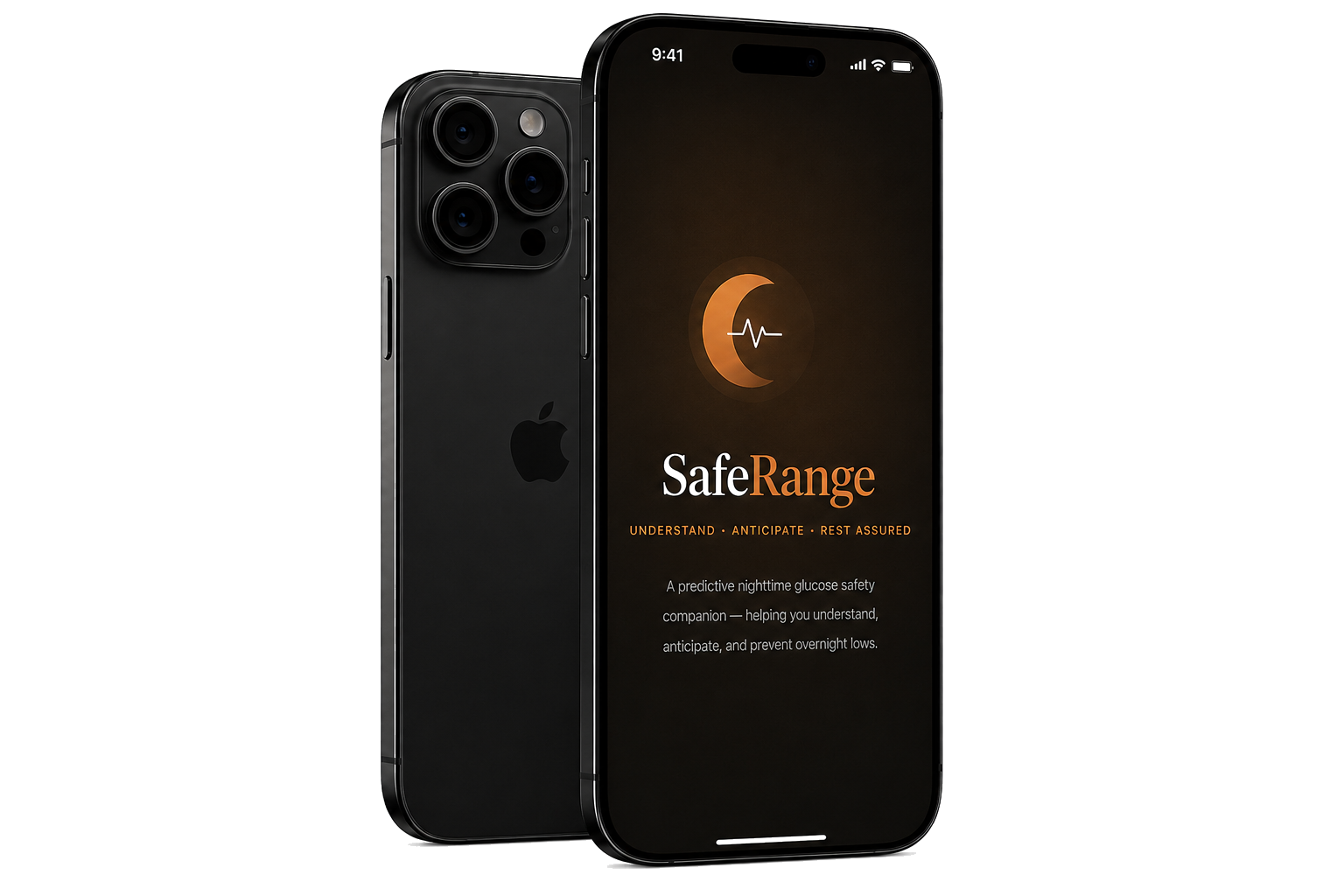 Two SafeRange phones, one showing the back of the device and one showing the app, set against a warm ambient glow