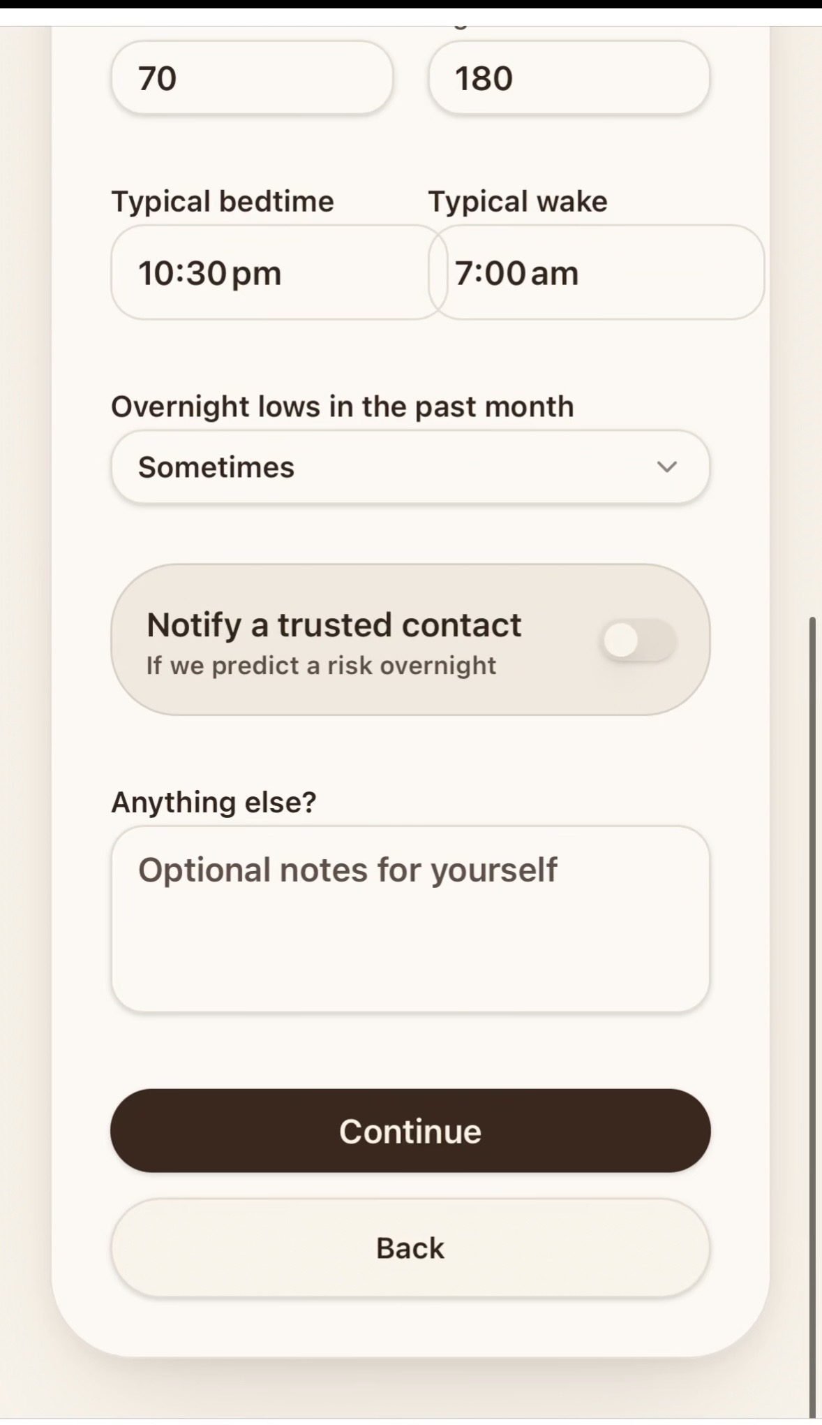 SafeRange personalized insight screen tailored to the individual's overnight history
