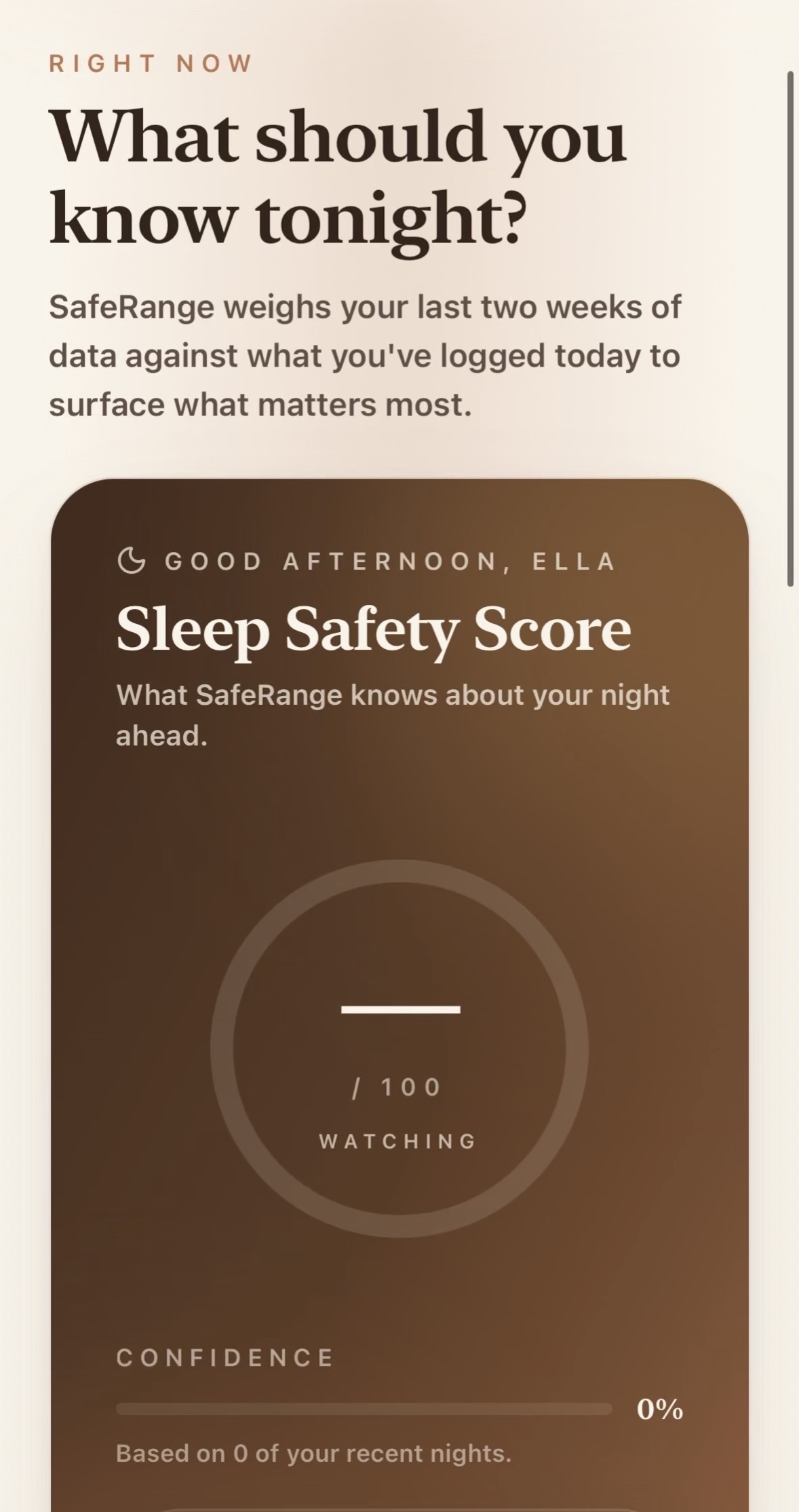 SafeRange Sleep Safety Score screen with a circular score gauge and confidence indicator
